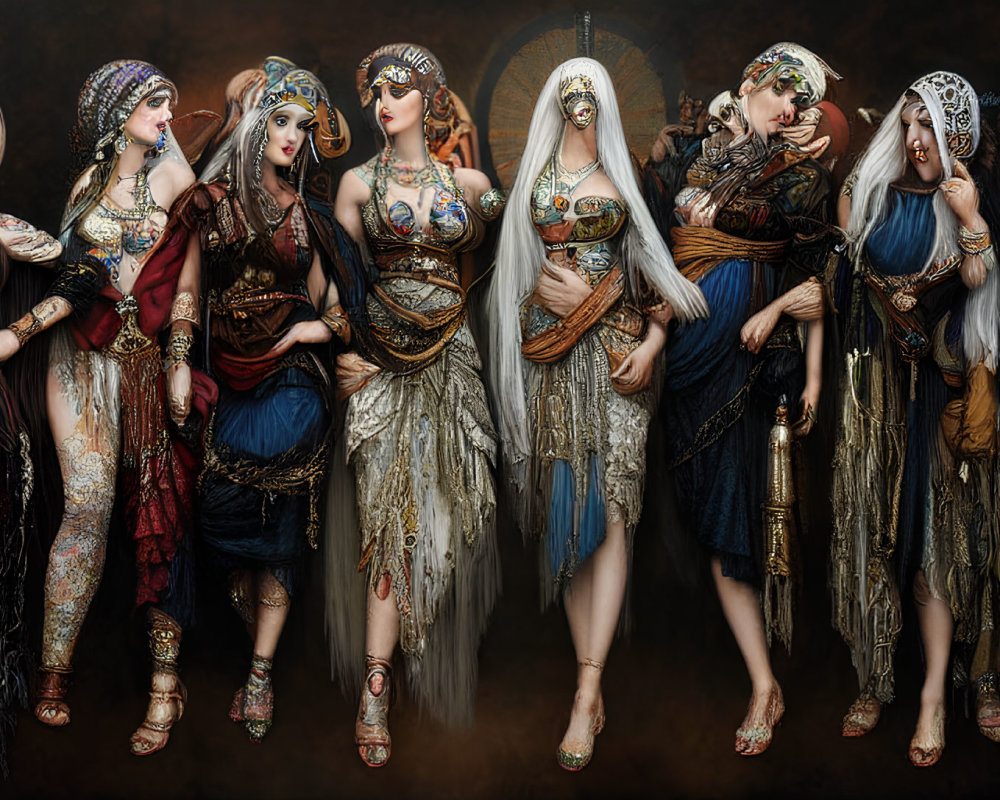 Fantasy characters in ornate costumes and headgear.