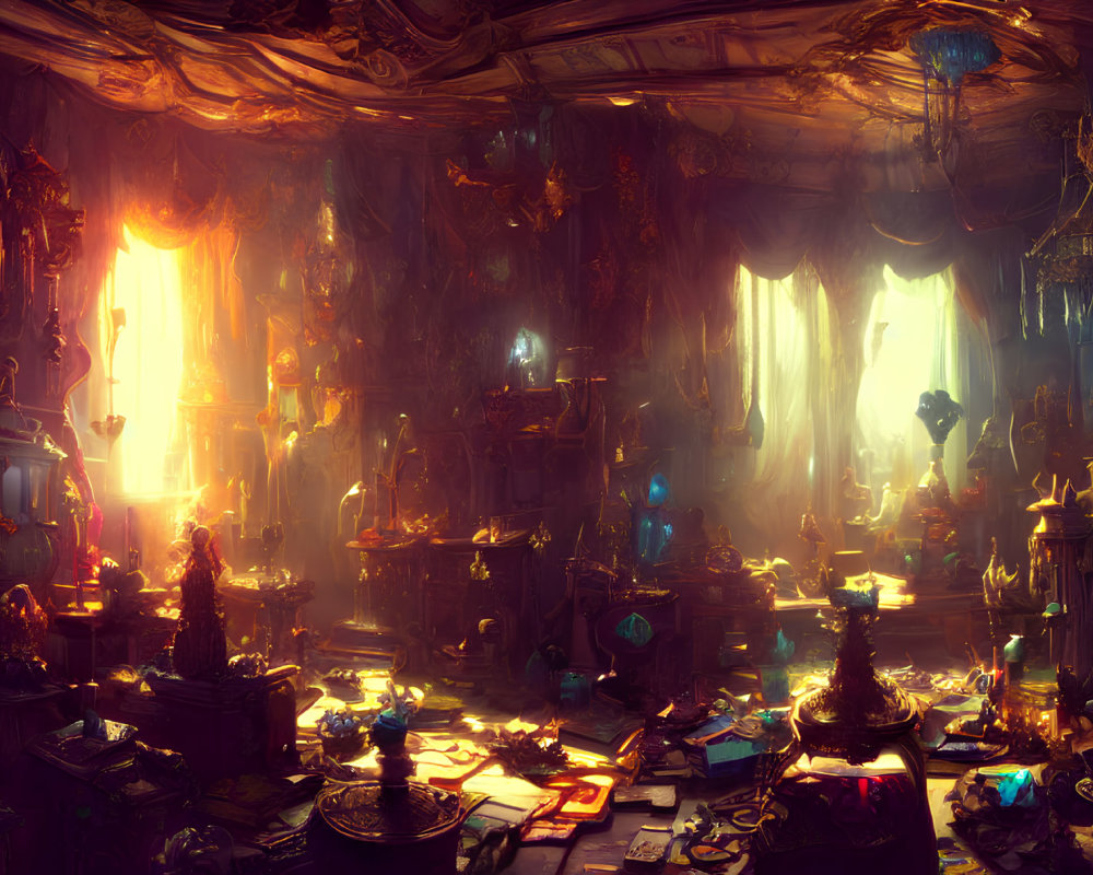 Detailed Cluttered Room with Books, Artifacts, and Mystical Lights