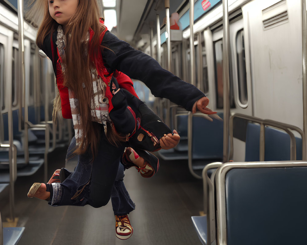 Young girl floating in mid-air in empty subway train