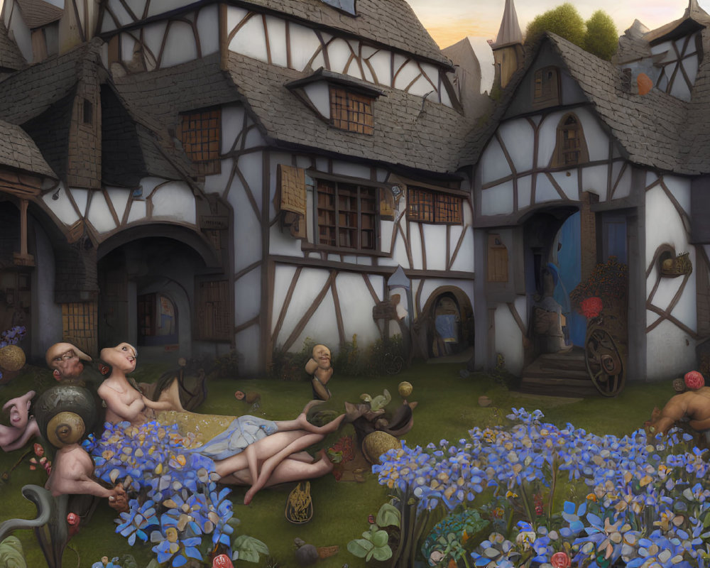 Whimsical village scene with fantastical creatures and nude figures among oversized flowers