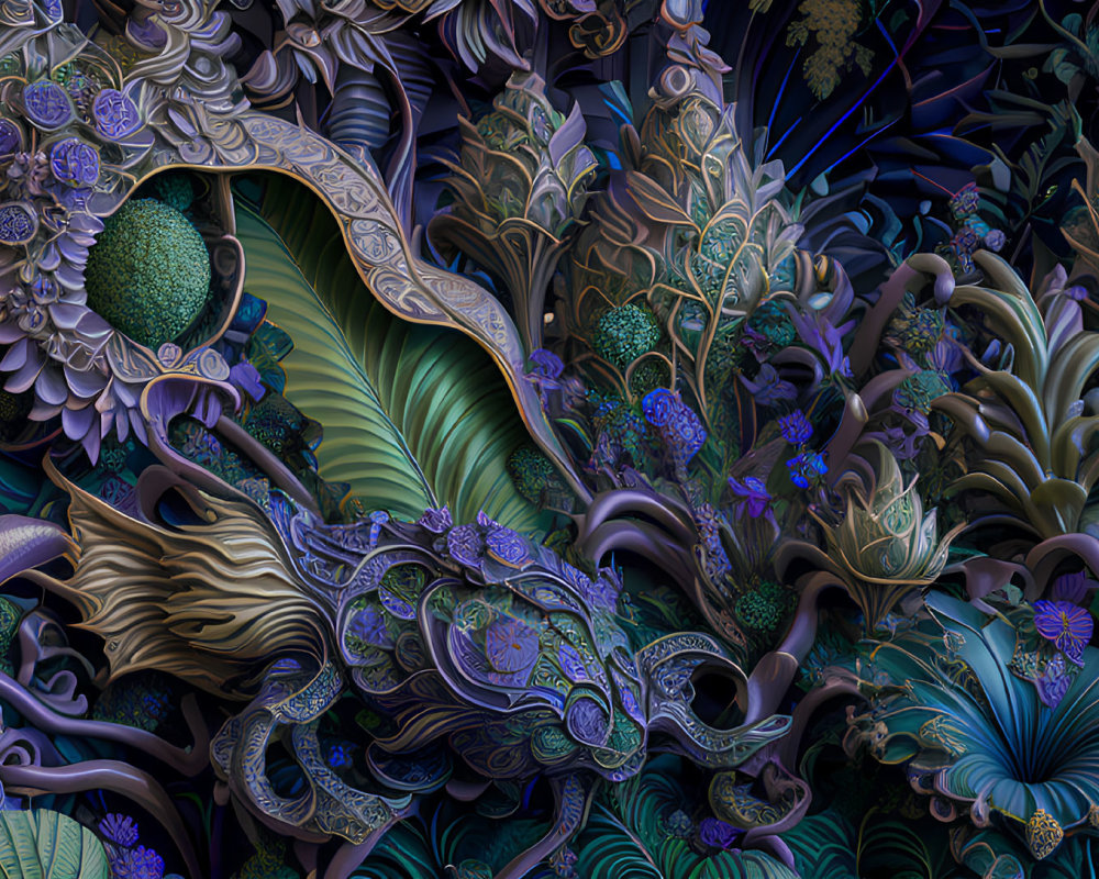 Detailed digital artwork: Intricate floral and organic patterns in blue, green, and purple