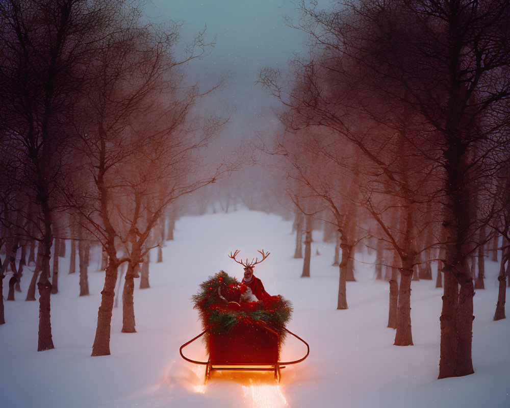 Person in Red Coat with Reindeer Antlers on Sleigh in Snowy Winter Scene