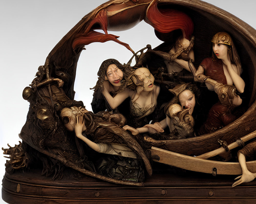 Surreal artwork featuring women and cherubs on wooden ship structure