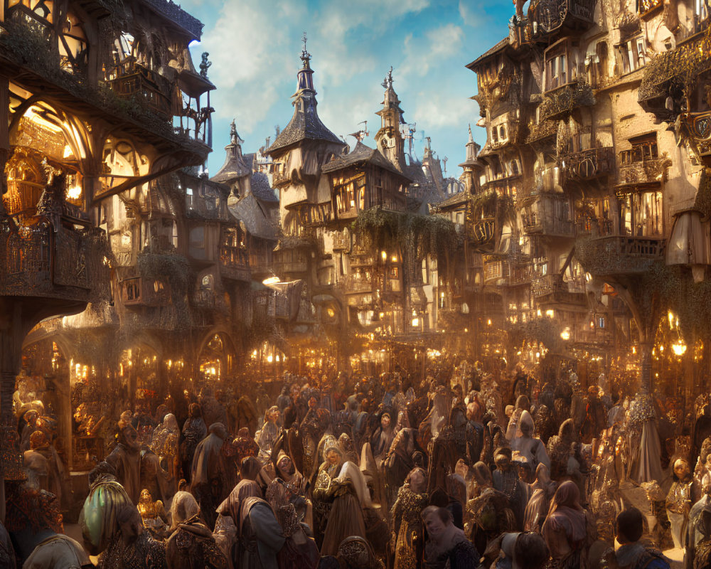 Medieval market scene with crowds, ornate buildings, and warm lights