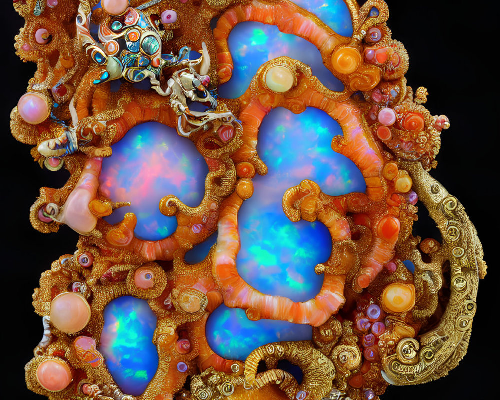 Surreal digital artwork: Golden-orange structures with blue cavities