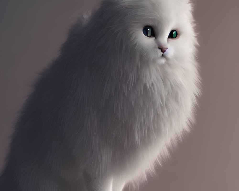 White Cat with Green Eyes Sitting on Plain Background