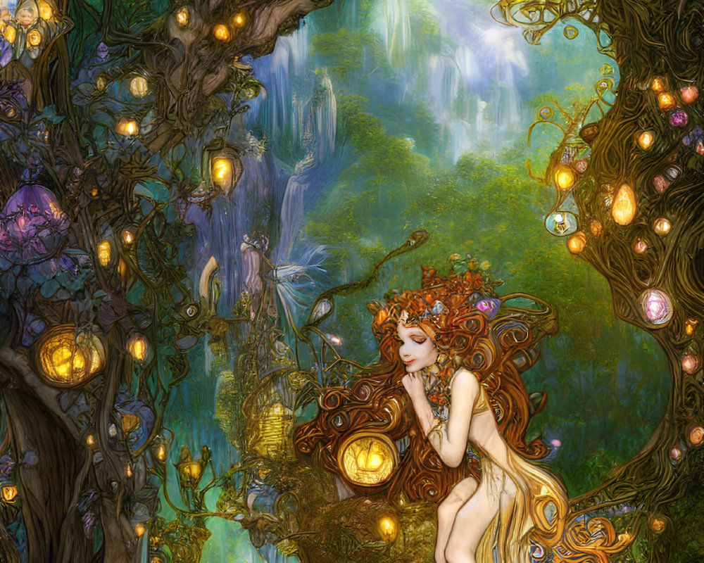 Enchanted forest scene with red-haired fairy and lanterns