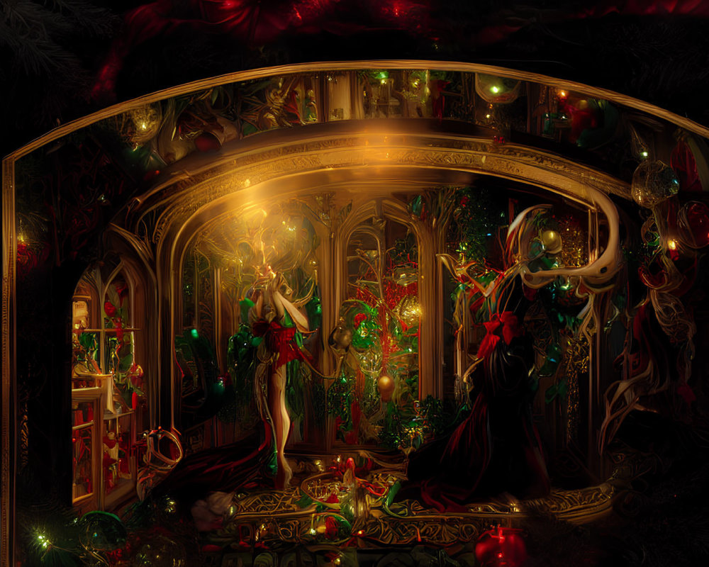 Luxurious Christmas-themed room with golden balconies, wreaths, elegant woman, and glowing lights.