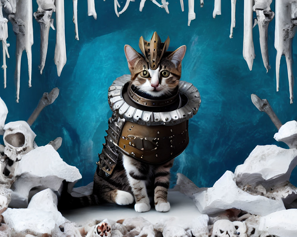 Tabby cat in medieval armor in fantasy ice and skull backdrop