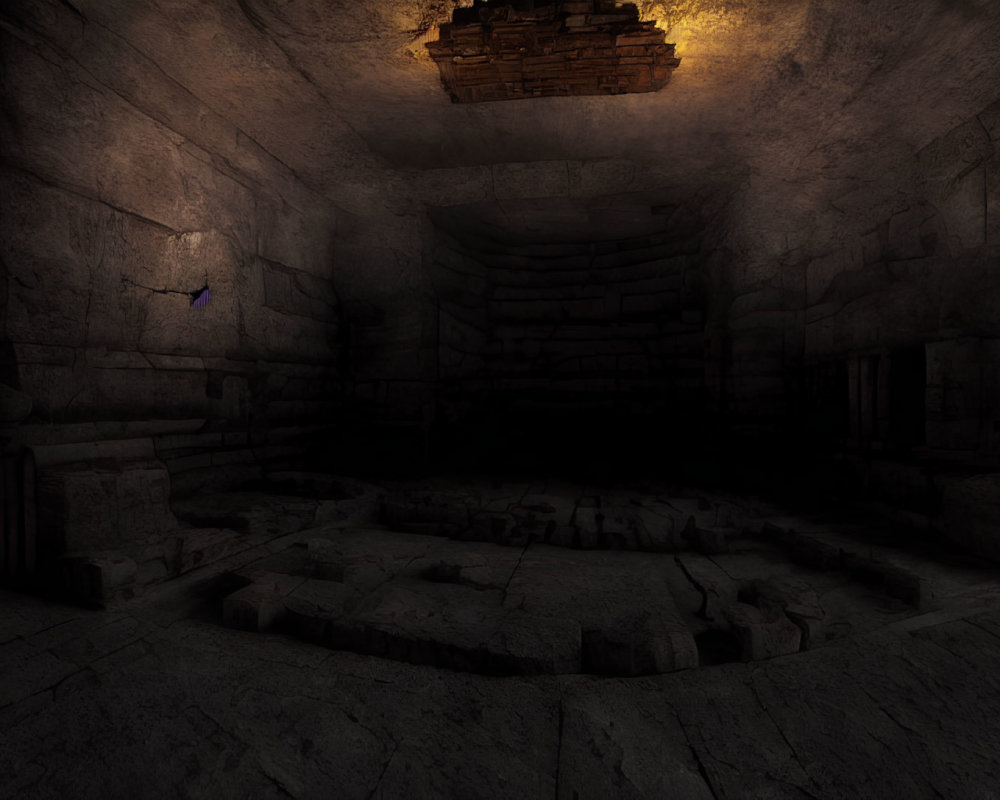 Eerie underground chamber with stone walls and lantern light.