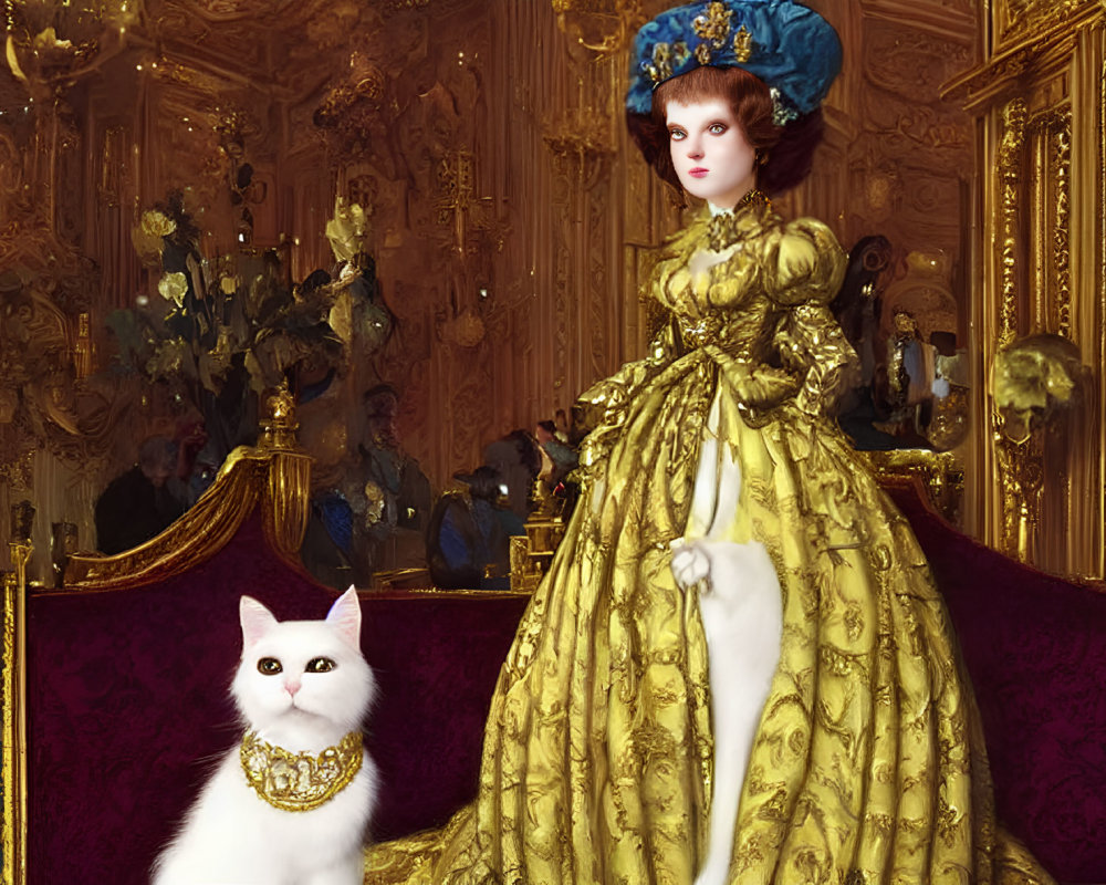 Elaborate yellow period gown with white cat in luxurious room