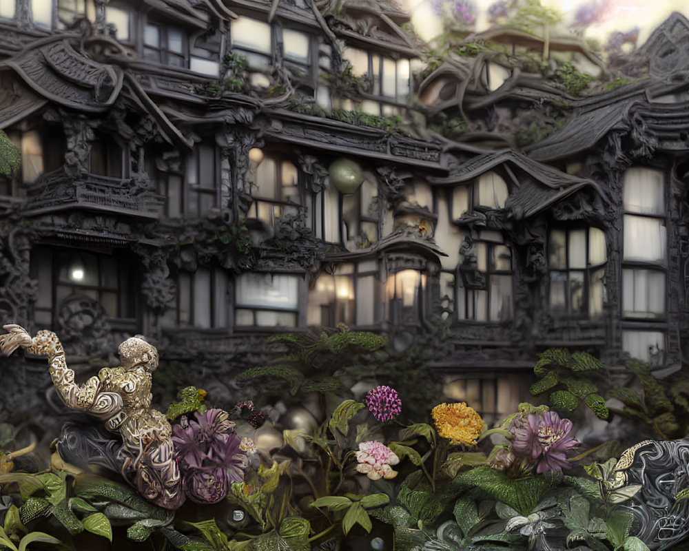 Detailed flora and ornate buildings in lush scene