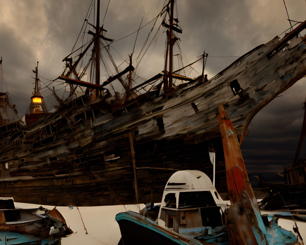 Abandoned wooden ship on beach under dark sky