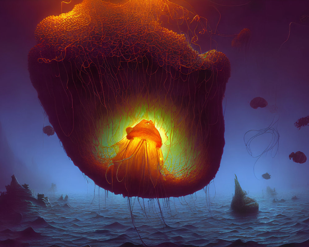 Glowing oversized jellyfish in dark sea with shipwrecks