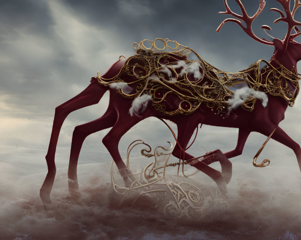 Golden skeletal structure with antlers against stormy sky - mystical creature in motion