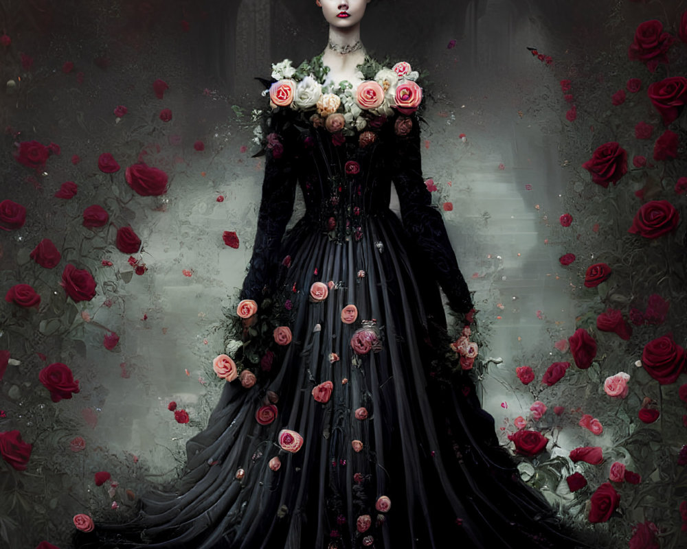 Woman in Black Gown Surrounded by Roses and Petals