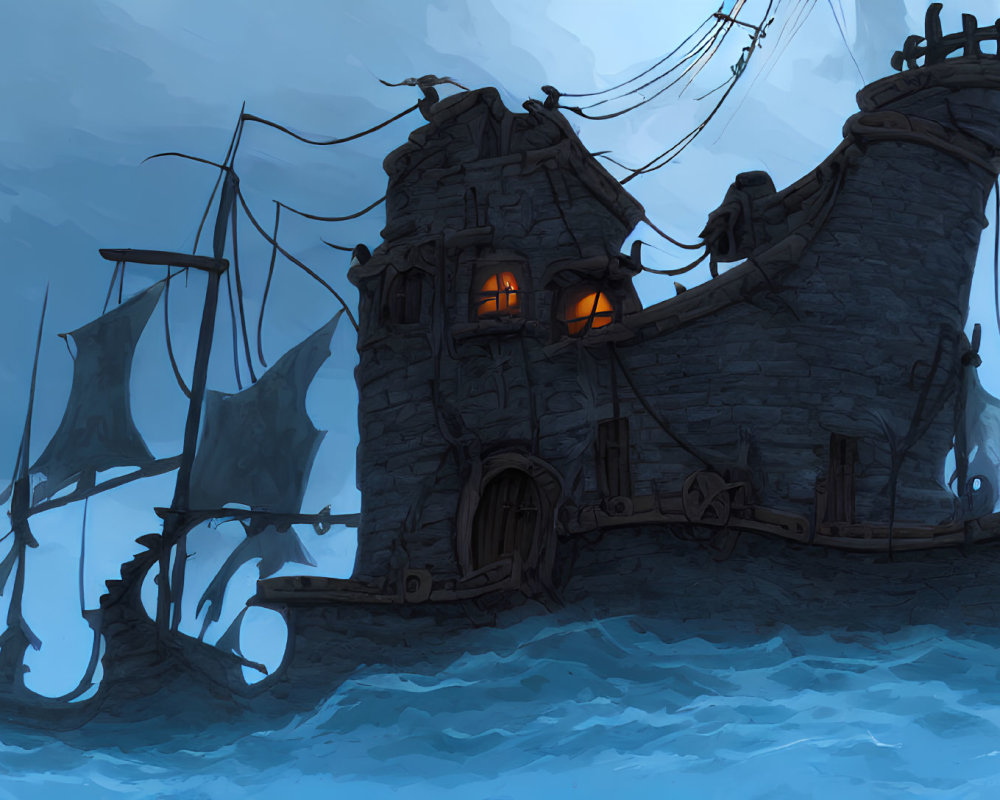 Eerie stone ship with tattered sails in stormy seas