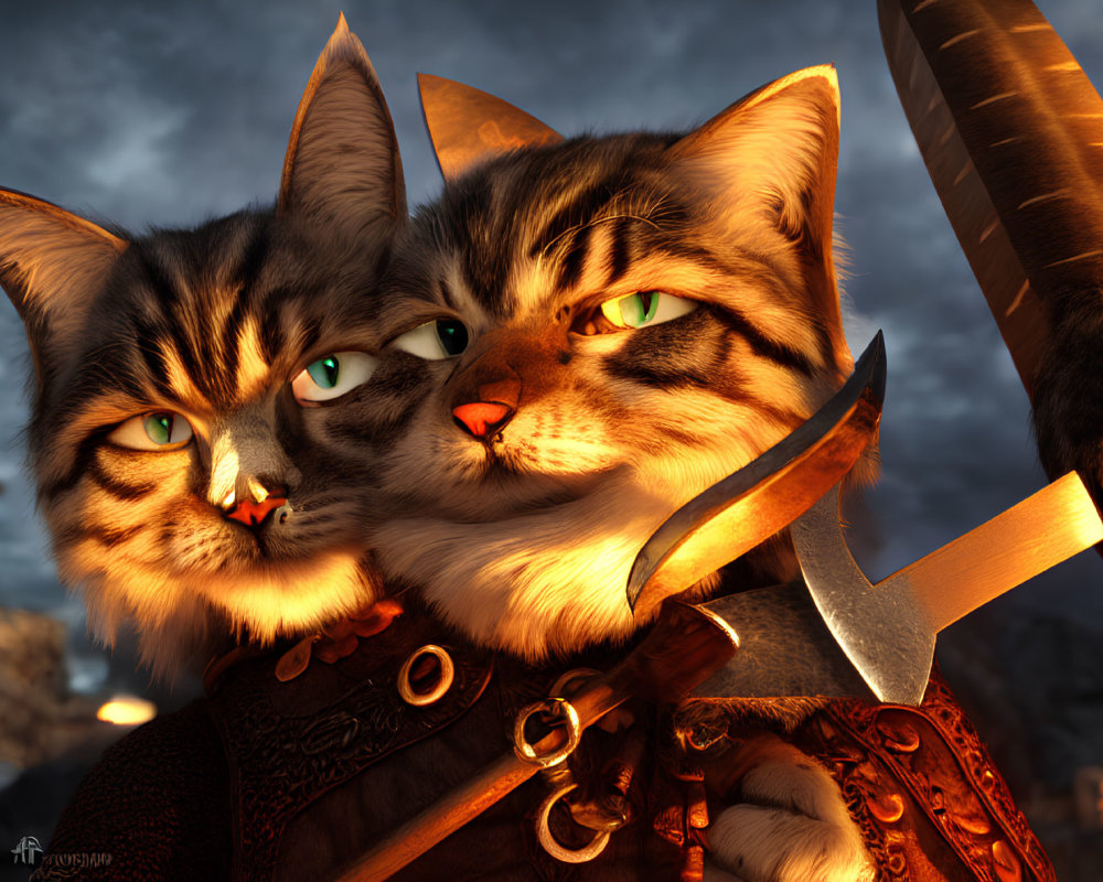 Anthropomorphic Cat Warriors in Medieval Armor at Sunset