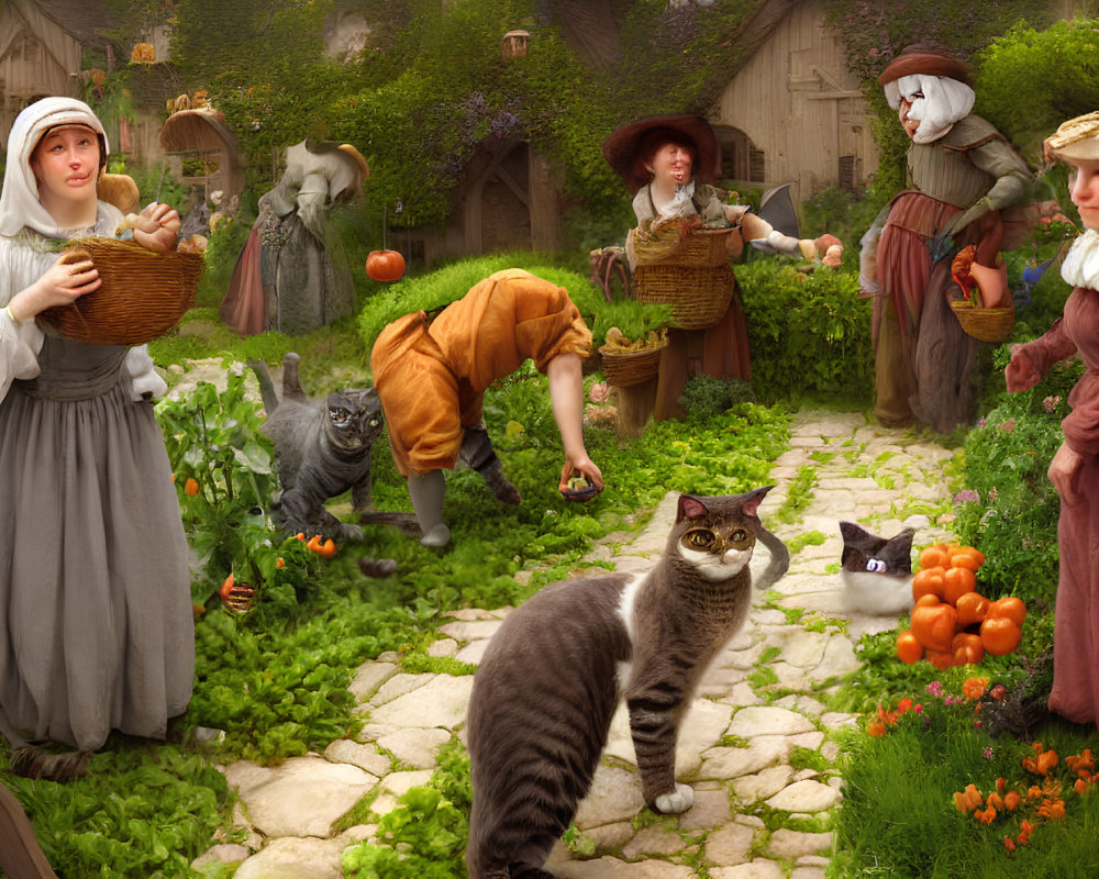 Medieval-themed garden scene with people harvesting vegetables and cats roaming.