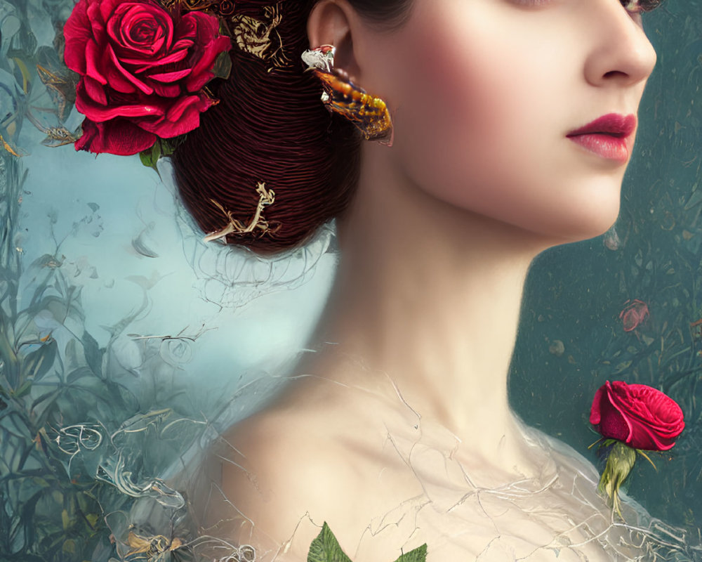 Digital artwork portrait of a woman with gold jewelry and red roses in her hair.