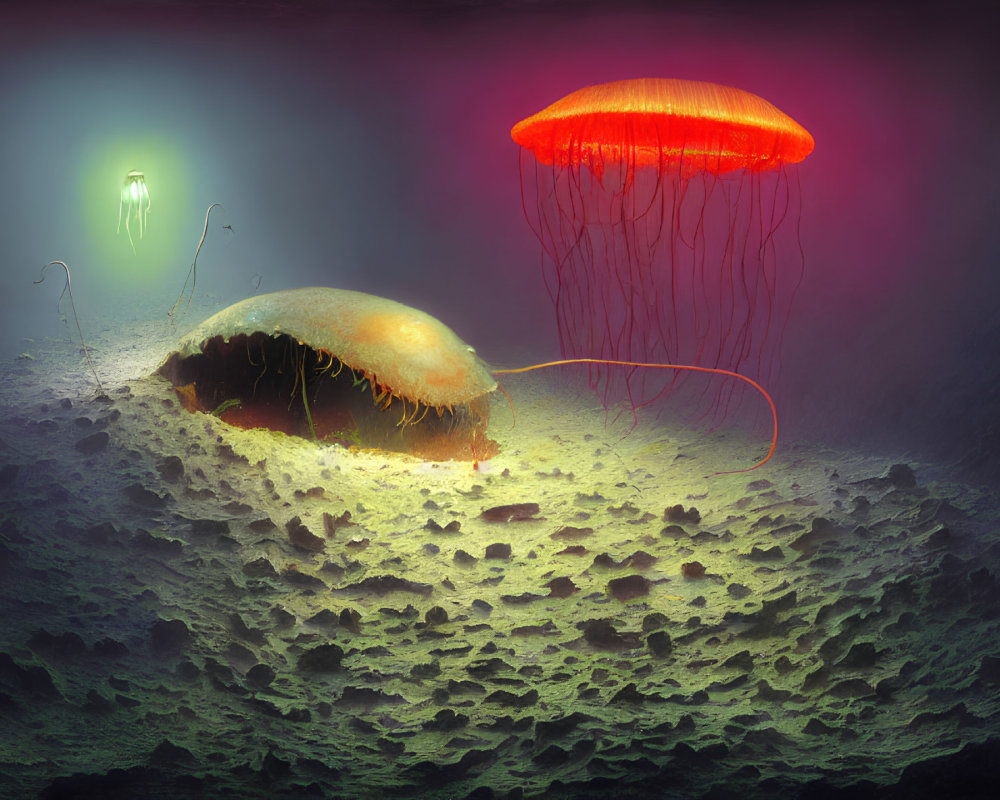 Vibrant Underwater Scene with Glowing Jellyfish and Bioluminescent Creature