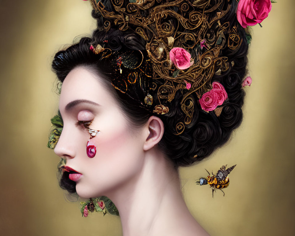 Portrait of Woman with Rose Bouquet Hair and Bees on Golden Background