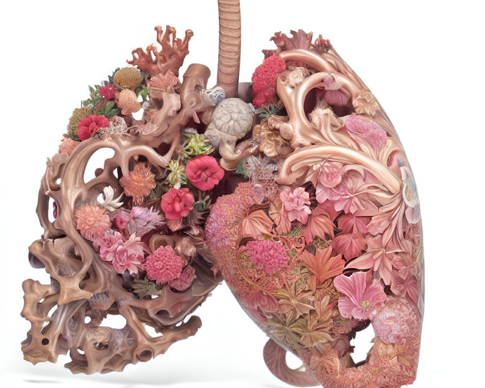 Detailed Human Heart Transformed into Floral Arrangement