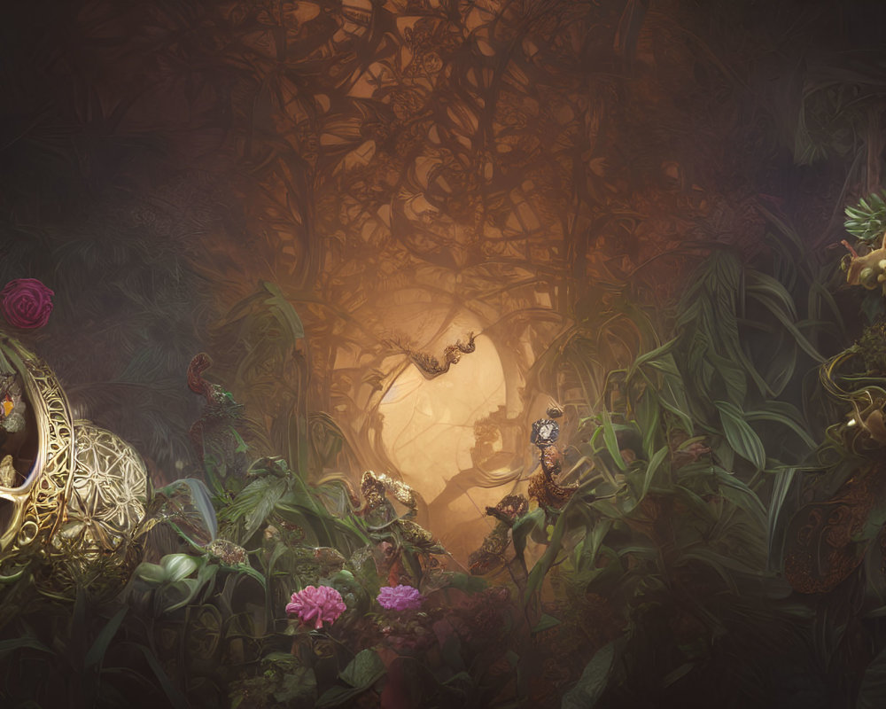 Fantastical jungle scene with glowing orb and intricate details