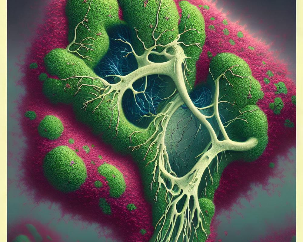 Detailed 3D Illustration of Green Biological Structure with White Fibers on Blue Cavity