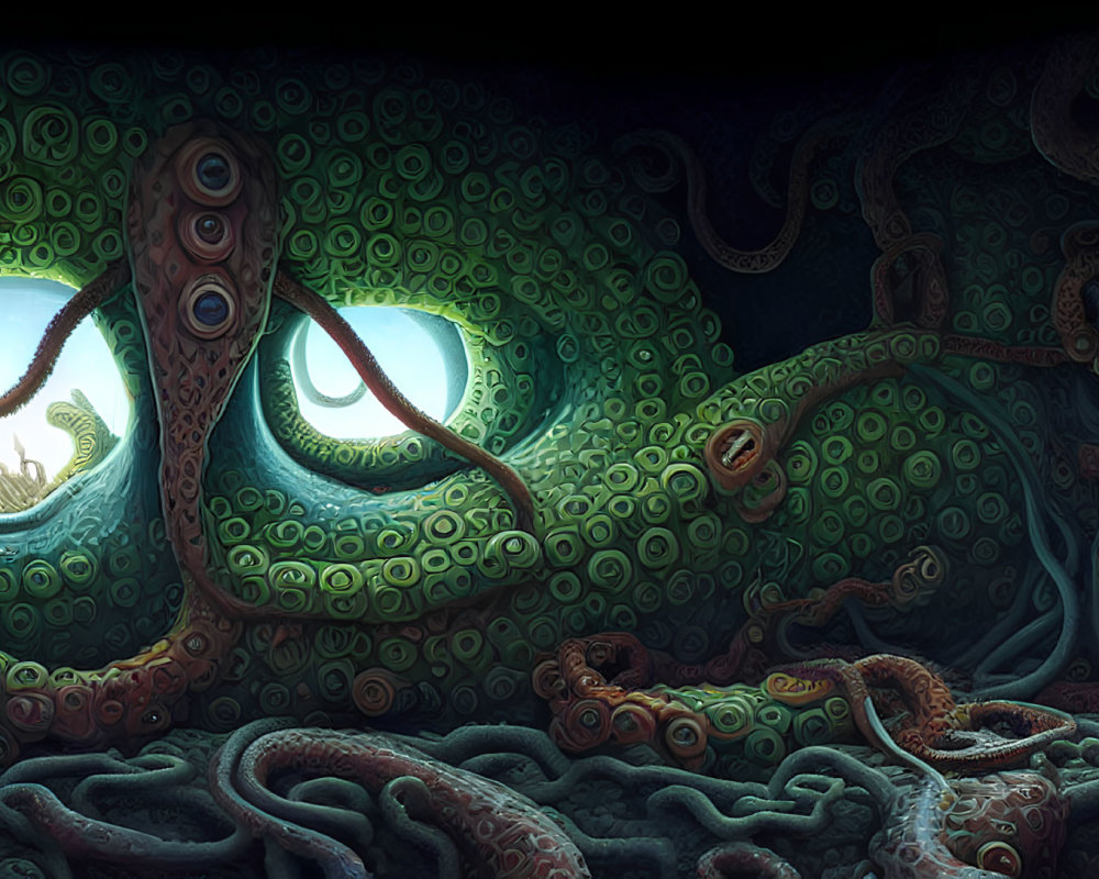 Illustration of octopus-like creature in dark underwater cavern