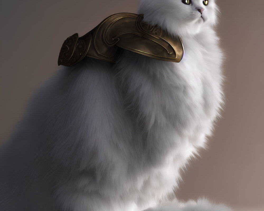 White Fluffy Cat with Yellow Eyes and Bronze Shoulder Armor Piece