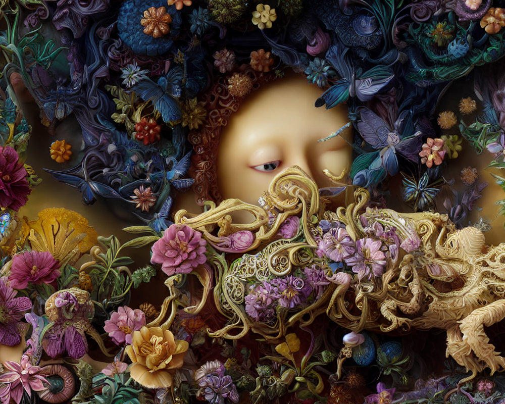 Surreal ornate image: Face hidden by flowers & golden filigree in lush floral backdrop