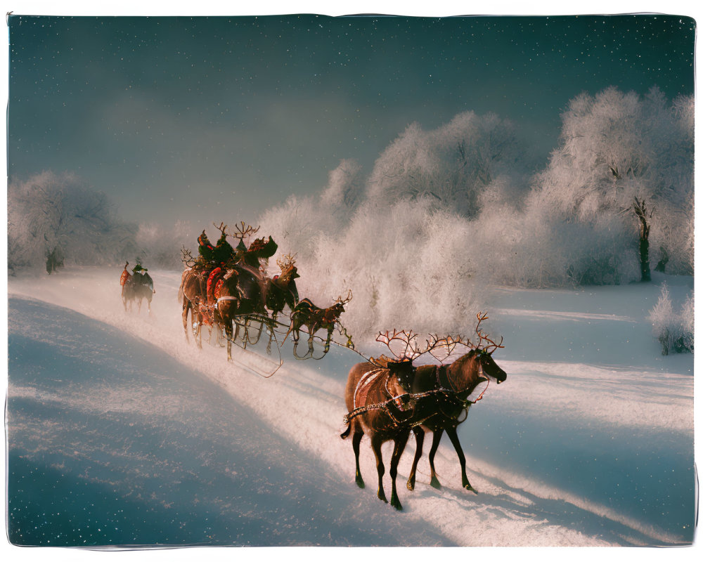 Snowy landscape with reindeer-pulled sleigh in dusky sky