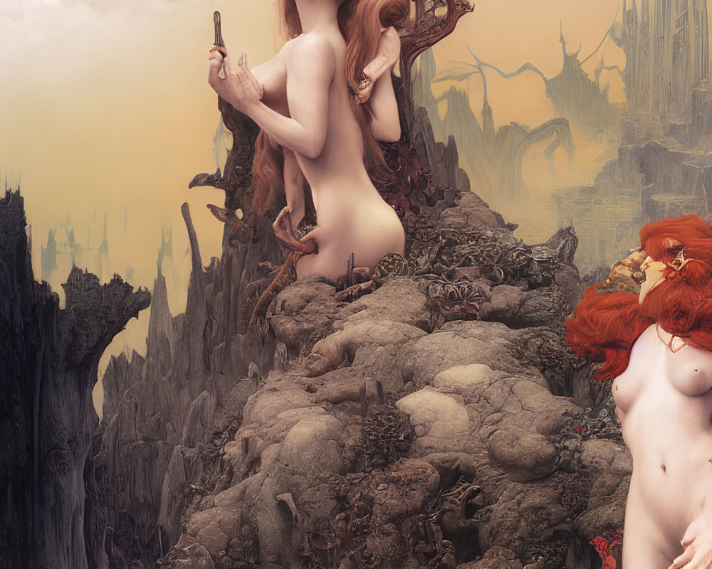 Fantastical painting of nude figures with intricate hairstyles and horns on rocky landscape