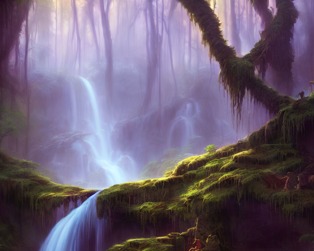 Mystical forest with mossy grounds, waterfalls, misty trees in purple light