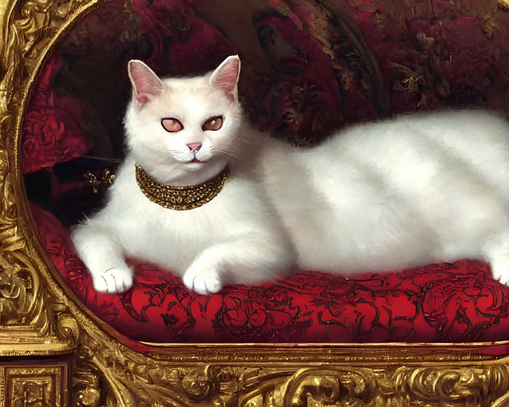 White Cat with Striking Eyes Lounging on Red Upholstered Seat