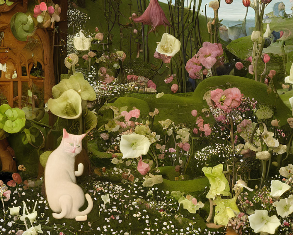 Whimsical digital art: Oversized white cat in lush garden with hidden human figures