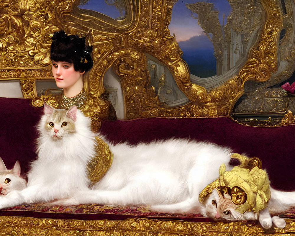 Vintage Attired Woman Lounging with White Cats on Ornate Couch