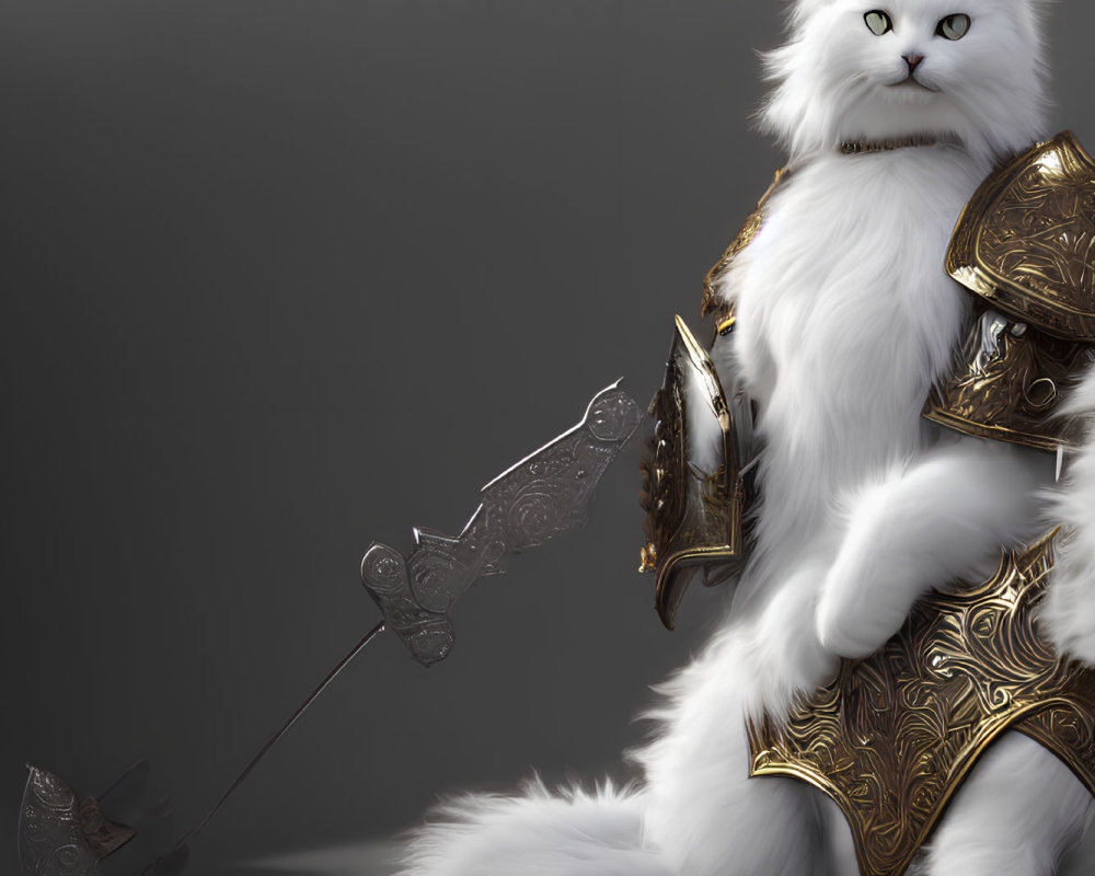 White Cat in Golden Armor with Sword on Gray Background