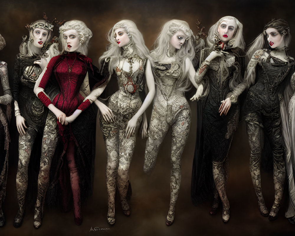 Eight Gothic-Style Female Figures in Ornate Attire on Dark Background