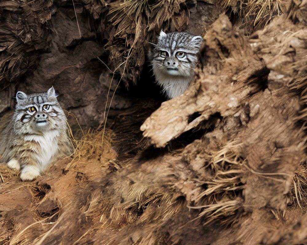 Two Pallas's Cats in Rocky and Grassy Habitat