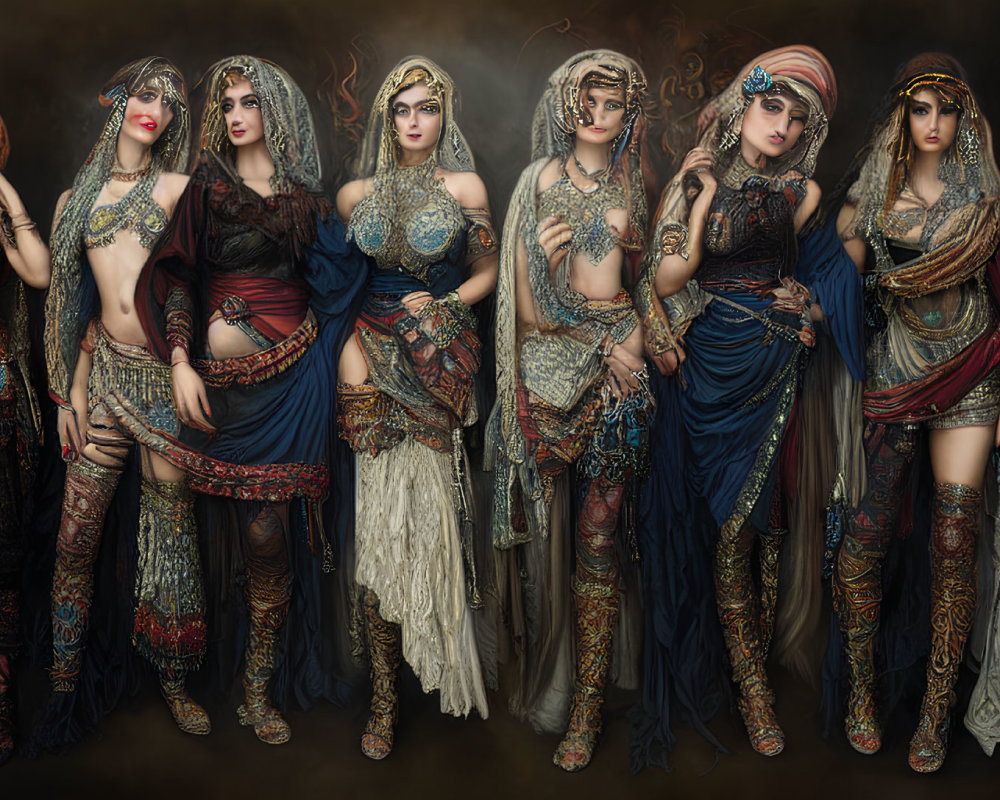 Eight diverse women in ornate Middle Eastern costumes against dark background