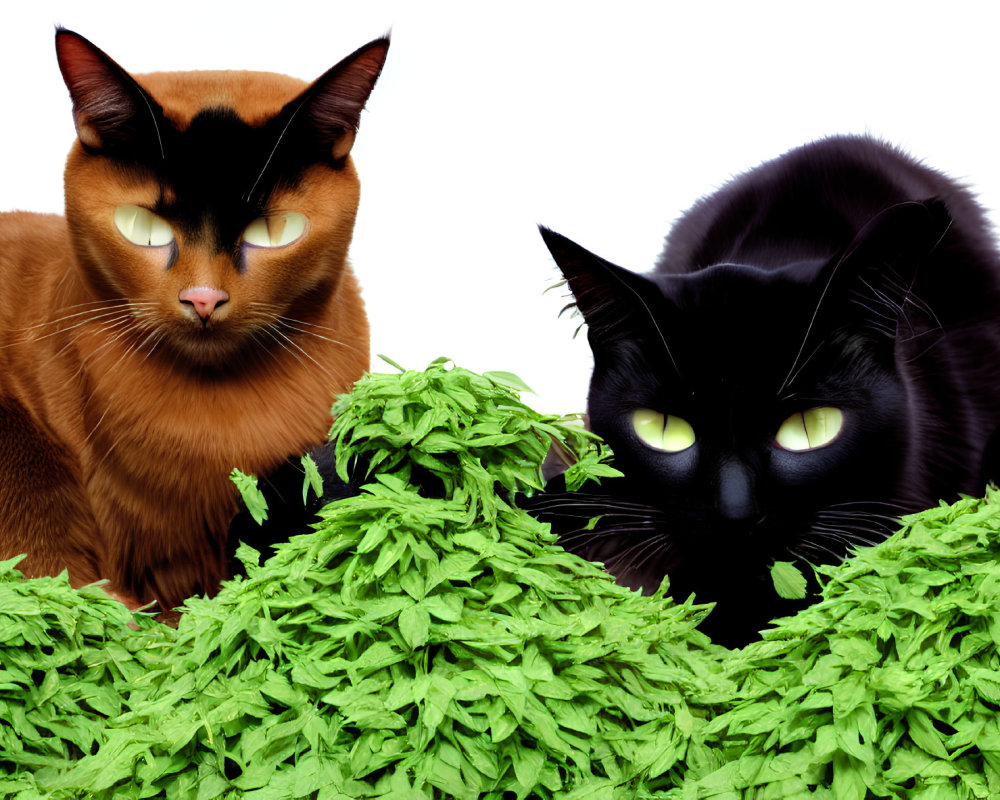 Intense-eyed brown and black cats peeking over green hedge on white background