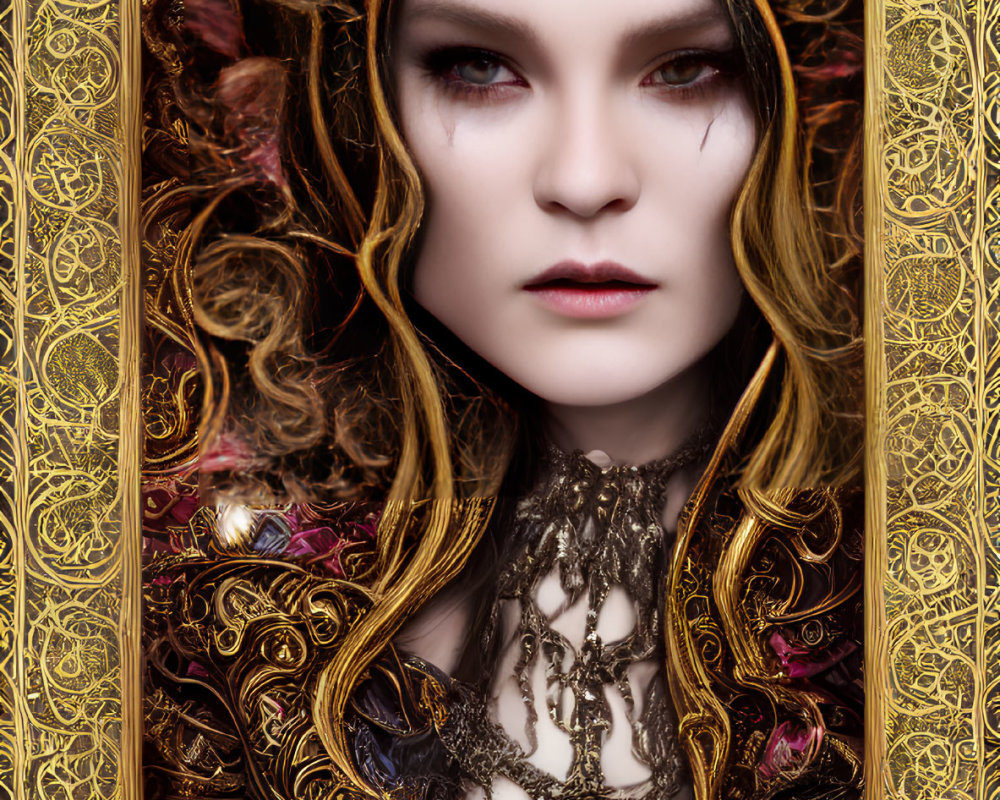 Elaborate golden headpiece and dark attire with regal aura