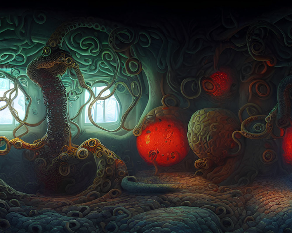 Surreal artwork: Tentacle-like forms, glowing orbs, intricate patterns in dimly lit under