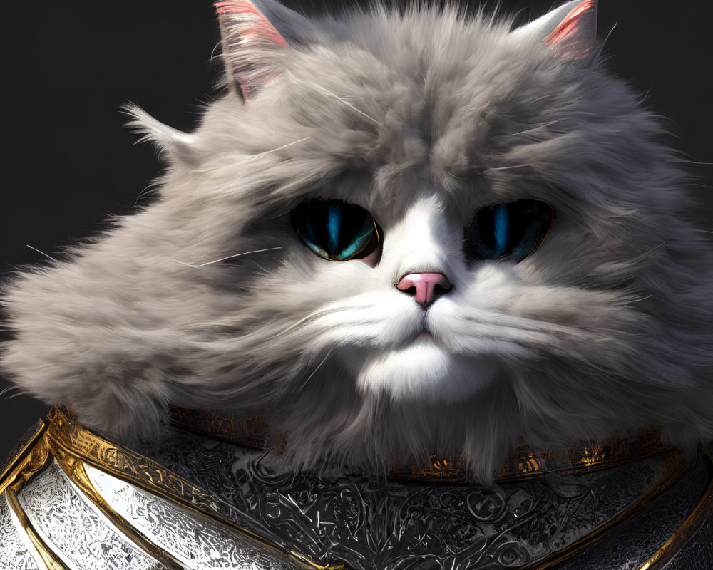 Stoic fluffy cat in ornate armor with blue eyes on dark background