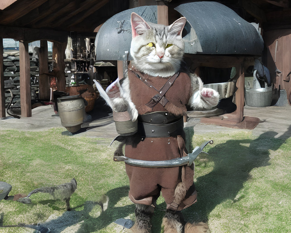 Person in Cat Costume with Medieval Attire in Rustic Outdoor Setting