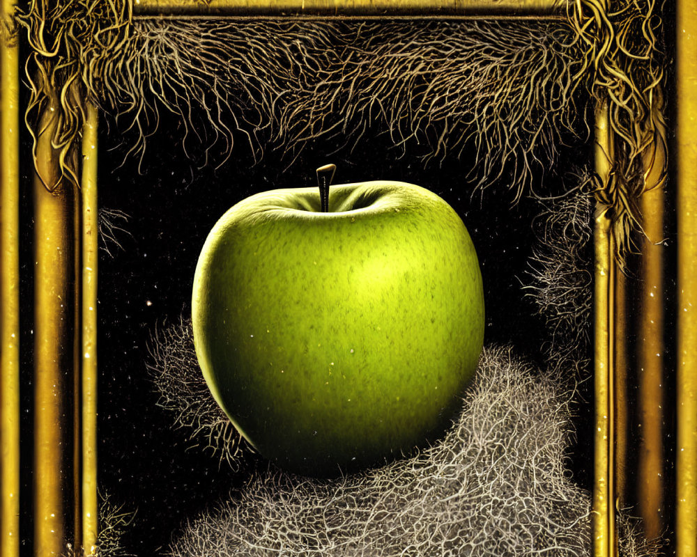 Green apple in ornate golden frame on black background with white wispy lines.