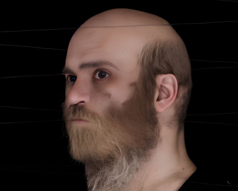 Balding man with beard and mustache against black background