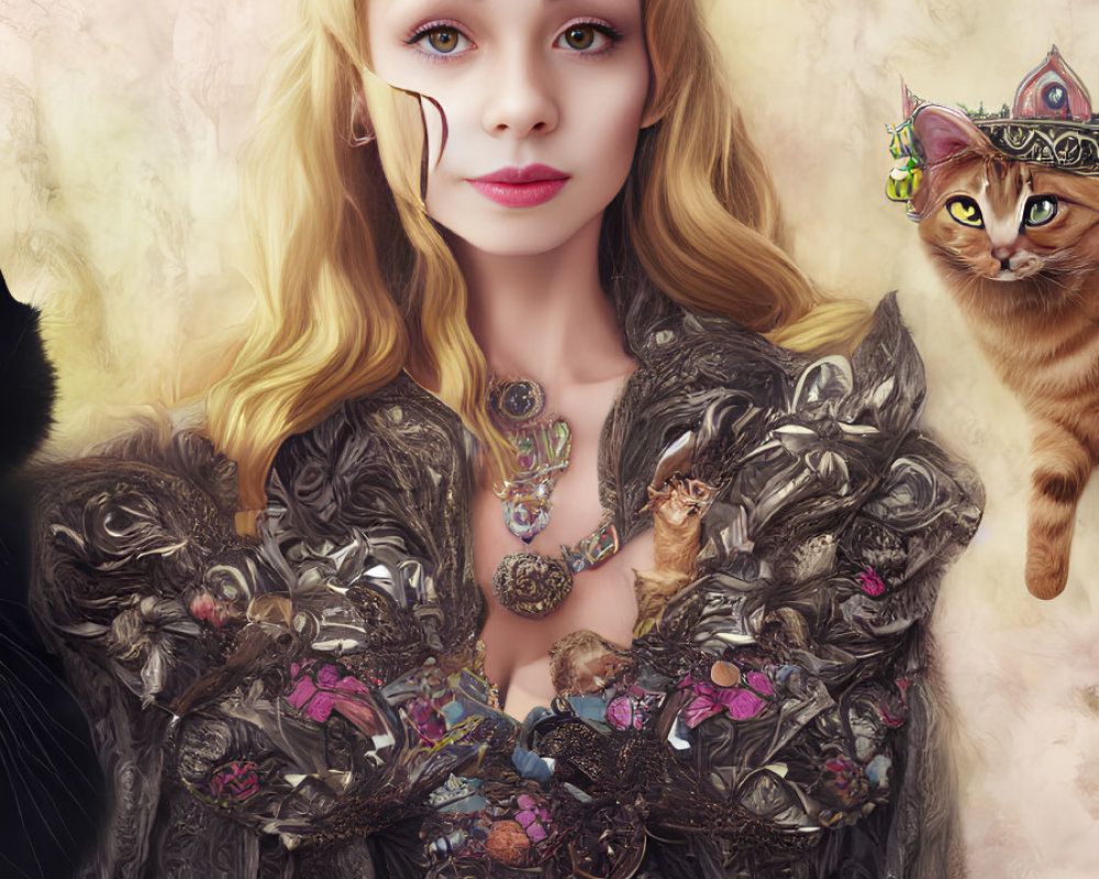 Regal woman in ornate dress with floral patterns, golden crown, and cat on shoulder.